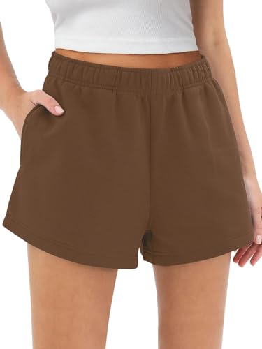 EUHOM Shorts Damen Sommer Kurze Hose Baumwolle Gym Sport Shorts High Waist Laufhose Kurz Sporthose Jogginghose Casual Sweatshorts Strandshorts mit Taschen (Coffee, S) von EUHOM