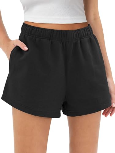 EUHOM Shorts Damen Sommer Kurze Hose Baumwolle Gym Sport Shorts High Waist Laufhose Kurz Sporthose Jogginghose Casual Sweatshorts Strandshorts mit Taschen (Schwarz, XXL) von EUHOM
