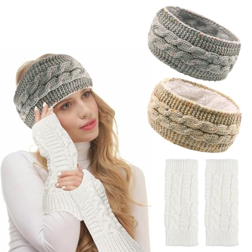 EUIEUT 2 Stk Stirnband Damen Winter Warm Gestricktes Stirnbänder Haarband Kopfband Headband Elastische Haarreifen Strick Headwrap mit einem Paar Weißer Gestrickte Fingerlose Handschuhe(Braun+Hellgrau) von EUIEUT