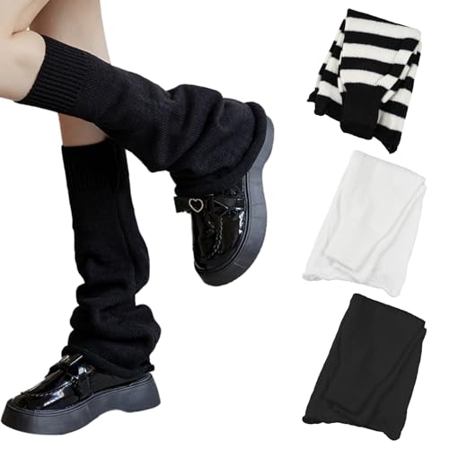 EUIEUT 3 Paar Lange Beinstulpen Winter Beinwärmer Stiefelsocken Stulpen für Damen Stulpensocken Winterwärmer Gestrickt Stulpen Strumpf Schwarz Weiß Long Leg Warmers Mädchen Kniestrümpfe Legwarmers von EUIEUT