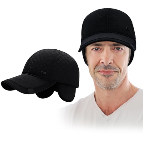 EUIEUT Baseballcap mit Ohrenklappen Herren Wintermütze Baseballmütze Winterkappe Schirmmütze Winter Baseball Cap Herrencap Schwarz Warme Mütze für Winter Outdoor Bergsteigen Reisen(Kopfumfang:50-60cm) von EUIEUT