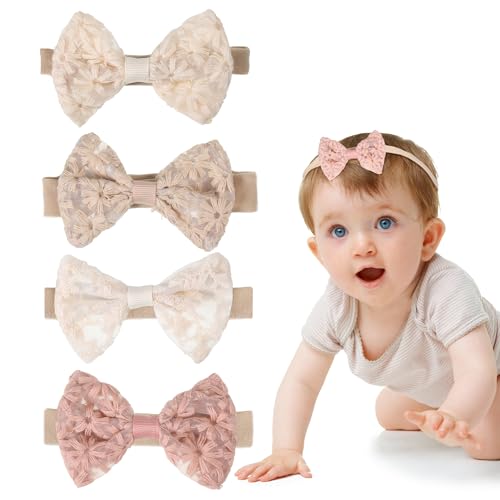 EUIOOVM Haarband Baby Mädchen,4 Stück Schleife Kleinkind Kopfbedeckung Haarspangen Baby Mädchen Nylon Stirnband Besticktes und Bedrucktes Stirnband für Kleine Babys Kleinkind Haarschmuck von EUIOOVM