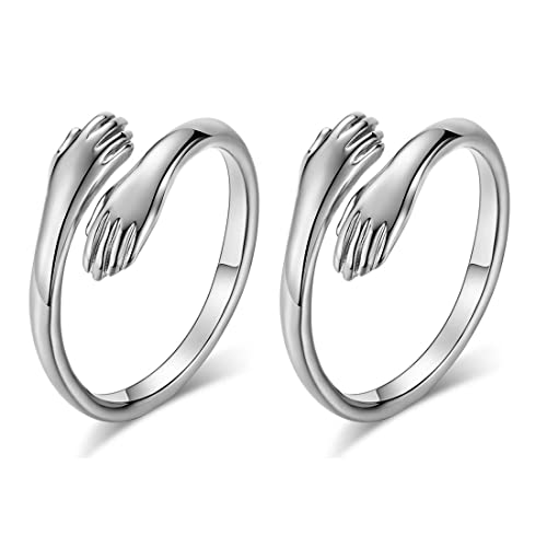 EUJEBEDA 2 Stück Sterling Silber Umarmungsring, 925 Silber Romantische Umarmung Hände Umarmung Offener Ring für Frauen Männer Paar Schmuck Einstellbare Ringgröße Valentinstagsgeschenk von EUJEBEDA