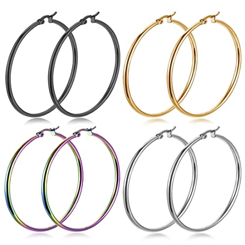 EUJEBEDA 4 Paare große runde Creolen für Frauen Edelstahl Damen große Creolen Mode schlicht eleganter Stil 4 Farben Gold Silber Schwarz Gold Bunt von EUJEBEDA