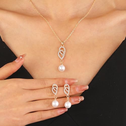 Temperament Diamant Wassertropfen Zweiteilige Halskette Ohrstecker Valentinstag Perlenkette Leicht Luxus Mode Zirkon Ring Perle Anhänger Halsband Kette von EUJHRTM