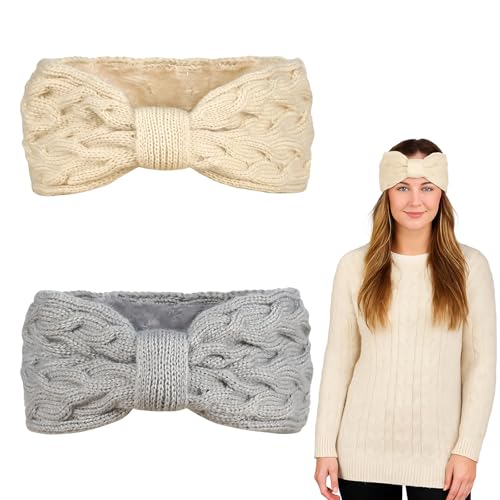 Stirnband Damen Winter Strick Warmes Strick-Headband mit Fleece-Futter 2 Stück Set Elastisch Weich Modisch Grau Beige,Haarband Ohrenwärmer Elastische, Herbst Und Winter Stirnband Damen von EULAPGOE