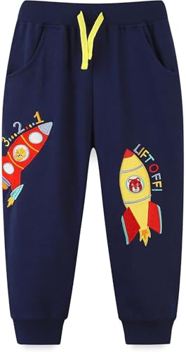 EULLA Jungen Bottoms Jogginghose Raketen-Stickerei Muster Sweathose Kinder Baumwolle Sporthose Jogger Hose 122 von EULLA