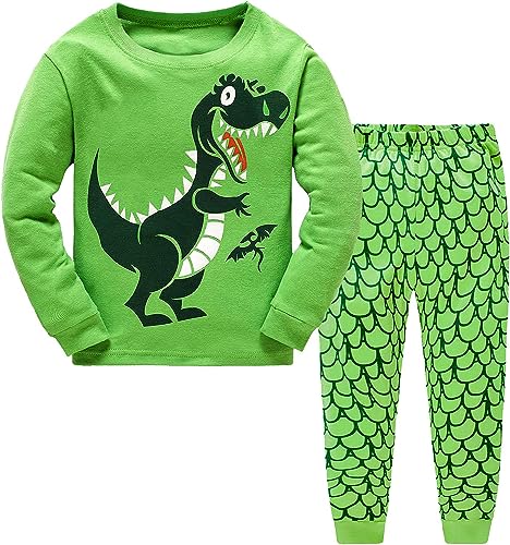 EULLA Kinder Jungen Schlafanzug Langarm Baumwolle Winter Pyjama Set Dinosaurier Zweiteiliger Nachtwäsche 7 Jahre alt Größe 122 A-Grün Dinosaurier DE 122 von EULLA