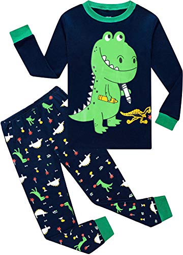 EULLA Kinder Jungen Schlafanzug Langarm Baumwolle Winter Pyjama Set Dinosaurier Zweiteiliger Nachtwäsche 7 Jahre alt Größe 122 D-Dunkelblau Dinosaurier DE 122 von EULLA