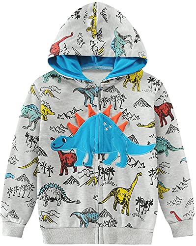 EULLA Kinder Jungen Zip Up Hoodie Sweatjacke Kapuzenjacke Dino Kapuzenpullover Langarm Baumwolle Pullover Hoody Sweatshirt mit Reißverschluss 5# Grau Dinosaurier DE 110 von EULLA