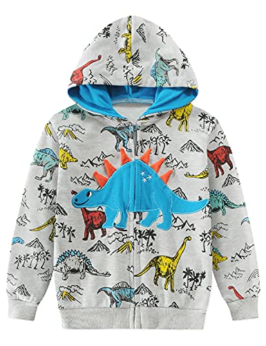 EULLA Jungen Hoodie Reißverschluss Kinder Pullover Baumwolle Tops Dinosaurier Langarm Jacke mit Kapuze Kleinkind Sweatshirts Outfit Herbst Winter Kleidung Geschenk 1-7 Jahre, 3# Dinosaurier-Grau. von EULLA