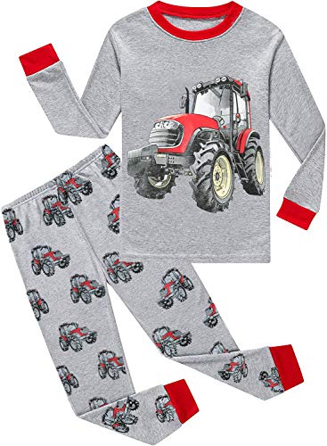 EULLA Kinder Jungen Schlafanzug Langarm Baumwolle Winter Pyjama Set Bagger Zweiteiliger Nachtwäsche 5 Jahre alt Größe 110 C-Grau Traktor DE 110 von EULLA