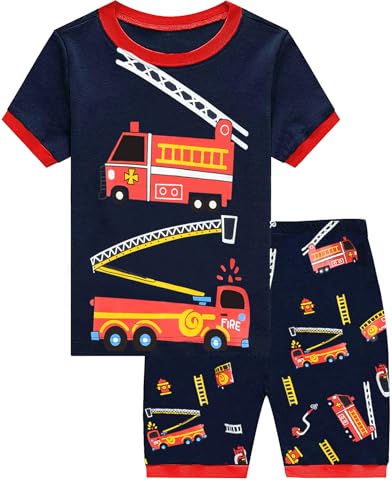 EULLA Jungen Schlafanzug Kinder Kurz Sommer Shorty Feuerwehrauto Pyjamas Set Baumwolle Nachtwäsche Bekleidung Kinderkleidung 1-7 Jahre 1# Dunkelblau Feuerwehrwagen DE 98 von EULLA