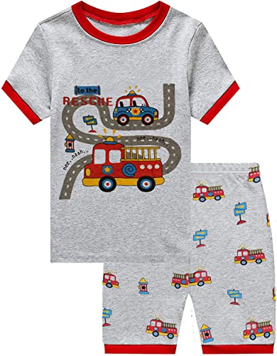 EULLA Kinder Jungen Schlafanzug Kurzarm Sommer Shorty Pyjama Set Feuerwehrauto Zweiteiliger Nachtwäsche Baumwolle Größe 5 Jahre alt 4# Grau Feuerwehrauto DE 110 von EULLA