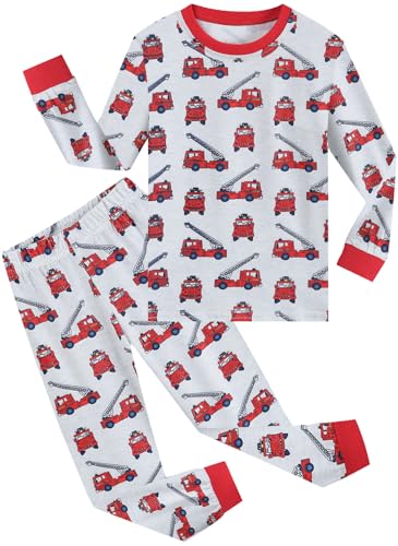 EULLA Jungen Schlafanzug Kinder Langarm Herbst Winter Pyjama Set Feuerwehrwagen Zweiteiliger Nachtwäsche 2 Jahre alt Größe 92 B-Grau Feuerwehrwagen DE 92 von EULLA