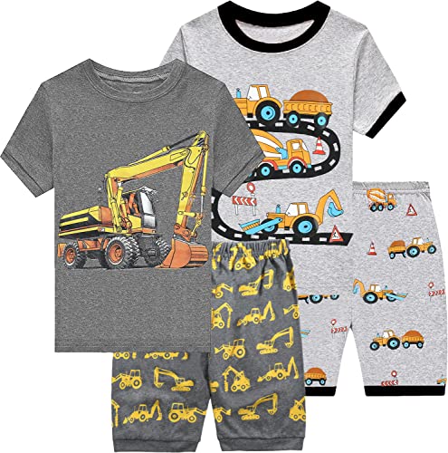 EULLA Kinder Jungen Schlafanzug Kurzarm Sommer Shorty Pyjama Set Grau Bagger Zweiteiliger Nachtwäsche Baumwolle Größe 7 Jahre alt 8# Doppelpack Bagger Set DE 122 von EULLA