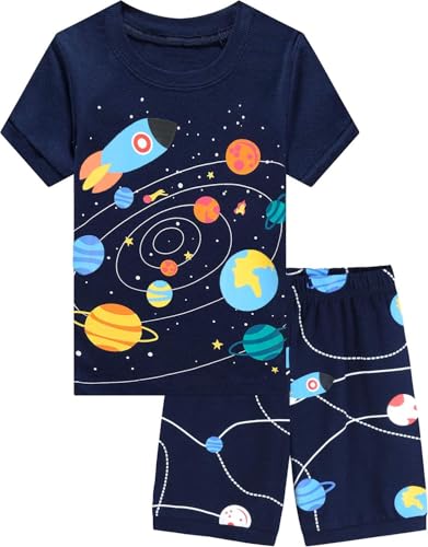 EULLA Kinder Jungen Schlafanzug Kurzarm Sommer Shorty Pyjama Set Weltraum Raumfahrt Zweiteiliger Nachtwäsche Baumwolle Größe 5 Jahre alt 3# Dunkelblau Weltraum Raumfahrt DE 110 von EULLA