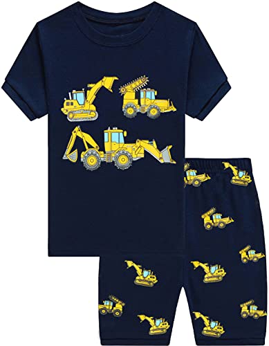 EULLA Kinder Jungen Schlafanzug Kurzarm Sommer Shorty Pyjama Set Bagger Zweiteiliger Nachtwäsche Baumwolle Größe 7 Jahre alt 6# Dunkelblau Bagger DE 122 von EULLA