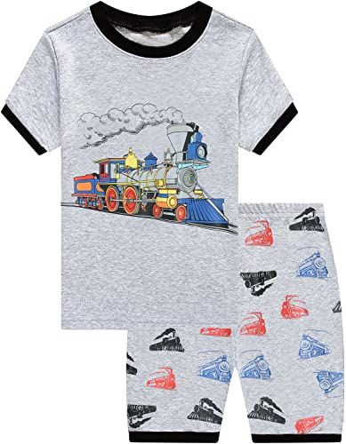 EULLA Kinder Jungen Schlafanzug Kurzarm Sommer Shorty Pyjama Set Zug Zweiteiliger Nachtwäsche Baumwolle Größe 6 Jahre alt 7# Grau Zug DE 116 von EULLA