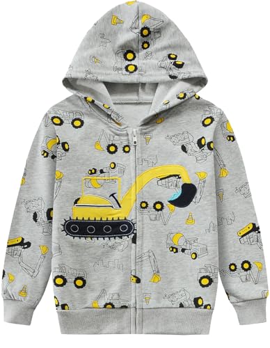 EULLA Kinder Jungen Zip Up Hoodie Sweatjacke Kapuzenjacke Bagger Kapuzenpullover Langarm Baumwolle Pullover Hoody Sweatshirt mit Reißverschluss 6# Grau Bagger DE 104 von EULLA