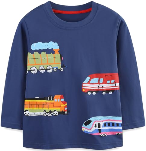 EULLA Kinder Jungen Langarmshirt Kleinkind Langarm Baumwolle Herbst Winter T-Shirt Warm Rundes Auto Zug Dunkelblau Basic Tops für 3 Jahre 98 von EULLA