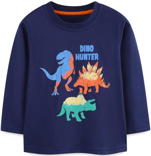 EULLA Kinder Jungen Langarmshirt Kleinkind Langarm Baumwolle Herbst Winter T-Shirt Warm Rundes Dinosaurier Dunkelblau Basic Tops für 4 Jahre 104 von EULLA