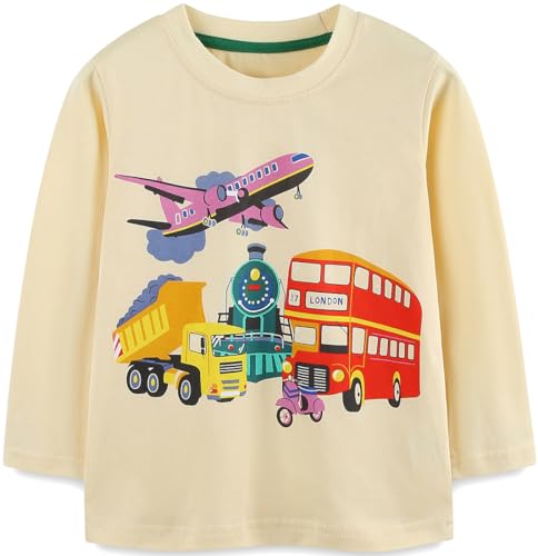 EULLA Kinder Jungen Langarmshirt Kleinkind Langarm Baumwolle Herbst Winter T-Shirt Warm Rundes Flugzeug Auto Beige Basic Tops für 3 Jahre 98 von EULLA