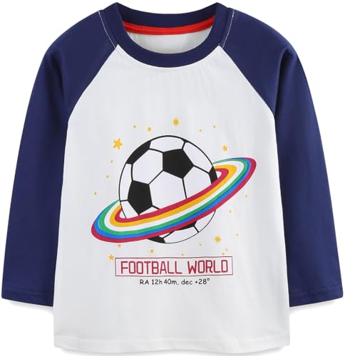 EULLA Kinder Jungen Langarmshirt Kleinkind Langarm Baumwolle Herbst Winter T-Shirt Warm Rundes Fußball Dunkelblau Weiß Basic Tops für 4 Jahre 104 von EULLA