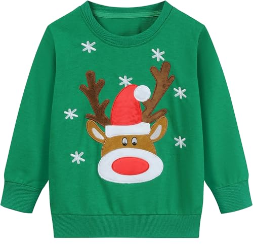 EULLA Kinder Jungen Mädchen Weihnacht Pullover Sweatshirt Weihnachtsoutfit Weihnachtspuli Winter Baumwolle Christmas Xmas Rentier Weihnachtskleidung Gr.86/92 2 Jahre 8# Grün Rentier DE 92 von EULLA