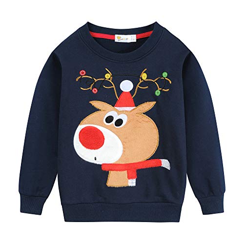 EULLA Kinder Jungen Mädchen Weihnacht Pullover Sweatshirt Weihnachtsoutfit Weihnachtspuli Winter Baumwolle Christmas Xmas Rentier Weihnachtskleidung Gr.122/128 7 Jahre 3# Dunkelblau Rentier DE 122 von EULLA