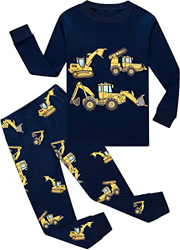 EULLA Kinder Jungen Schlafanzug Langarm Baumwolle Winter Pyjama Set Bagger Traktor Zweiteiliger Nachtwäsche 6 Jahre alt Größe 116 I-Dunkelblau Bagger Traktor DE 116 von EULLA