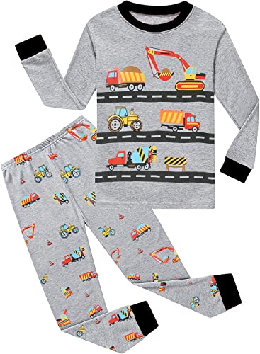 EULLA Kinder Jungen Schlafanzug Langarm Baumwolle Winter Pyjama Set Bagger Zweiteiliger Nachtwäsche 2 Jahre alt Größe 92 E-Grau Bagger DE 92 von EULLA