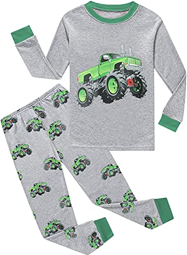 EULLA Kinder Jungen Schlafanzug Langarm Baumwolle Winter Pyjama Set Bagger Zweiteiliger Nachtwäsche 2 Jahre alt Größe 92 I-Grau Traktor DE 92 von EULLA