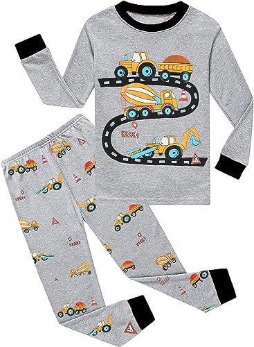 EULLA Kinder Jungen Schlafanzug Langarm Baumwolle Winter Pyjama Set Bagger Zweiteiliger Nachtwäsche 4 Jahre alt Größe 104 C-Grau Bagger DE 104 von EULLA