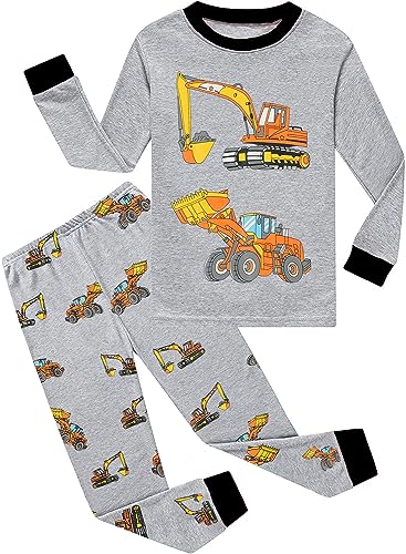 EULLA Kinder Jungen Schlafanzug Langarm Baumwolle Winter Pyjama Set Bagger Zweiteiliger Nachtwäsche 4 Jahre alt Größe 104 C-Grau Bagger DE 104 von EULLA