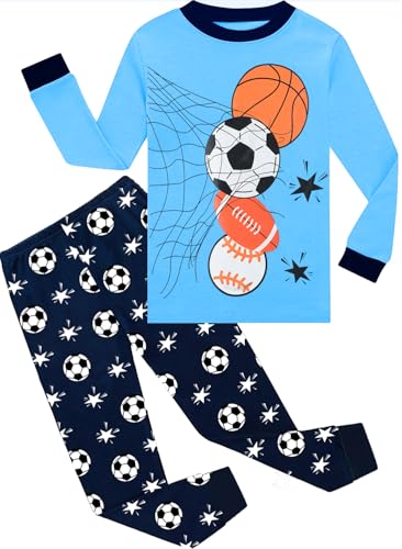 EULLA Kinder Jungen Schlafanzug Langarm Baumwolle Winter Pyjama Set Basketball Fußball Rugby Baseball Zweiteiliger Nachtwäsche 3 Jahre alt Größe 98 O-Blau Fußball DE 98 von EULLA