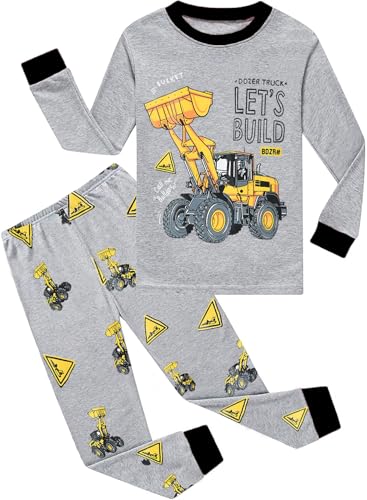 EULLA Kinder Jungen Schlafanzug Langarm Baumwolle Winter Pyjama Set Bulldozer Zweiteiliger Nachtwäsche 2 Jahre alt Größe 92 I-Grau Bagger Bulldozer DE 92 von EULLA