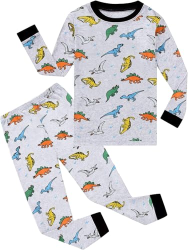 EULLA Kinder Jungen Schlafanzug Langarm Baumwolle Winter Pyjama Set Dinosaurier Zweiteiliger Nachtwäsche 2 Jahre alt Größe 92 H-Grau Dinosaurier DE 92 von EULLA