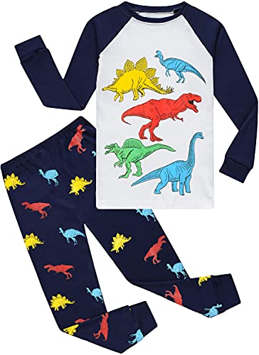 EULLA Kinder Jungen Schlafanzug Langarm Baumwolle Winter Pyjama Set Dinosaurier Zweiteiliger Nachtwäsche 6 Jahre alt Größe 116 G-Dunkelblau Dinosaurier DE 116 von EULLA