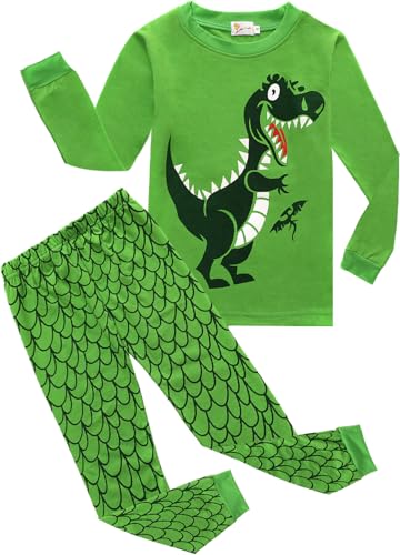 EULLA Kinder Jungen Schlafanzug Langarm Baumwolle Winter Pyjama Set Dinosaurier Zweiteiliger Nachtwäsche 7 Jahre alt Größe 122 A-Grün Dinosaurier DE 122 von EULLA