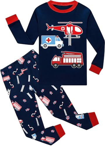 EULLA Kinder Jungen Schlafanzug Langarm Baumwolle Winter Pyjama Set Feuerwehrwagen Hubschrauber Zweiteiliger Nachtwäsche 6 Jahre alt Größe 116 J-Dunkelblau Feuerwehrwagen DE 116 von EULLA