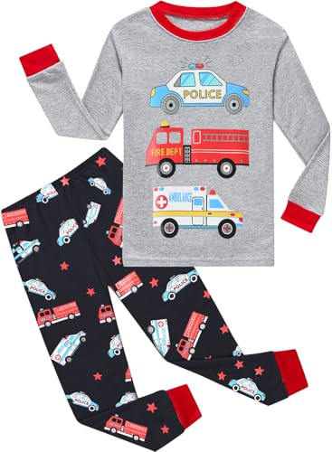 EULLA Kinder Jungen Schlafanzug Langarm Baumwolle Winter Pyjama Set Feuerwehrwagen Zweiteiliger Nachtwäsche 2 Jahre alt Größe 92 J-Grau Feuerwehrwagen Krankenwagen DE 92 von EULLA