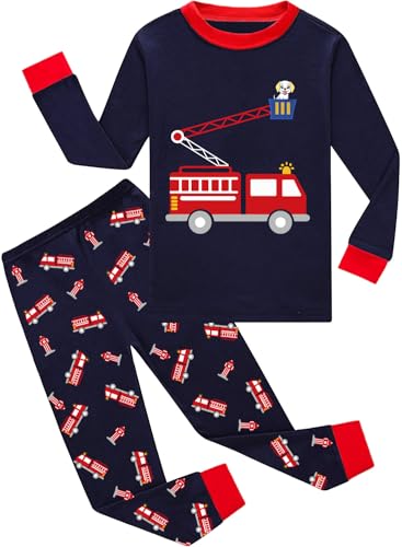 EULLA Kinder Jungen Schlafanzug Langarm Baumwolle Winter Pyjama Set Feuerwehrwagen Zweiteiliger Nachtwäsche 6 Jahre alt Größe 116 M-Dunkelblau Feuerwehrwagen DE 116 von EULLA