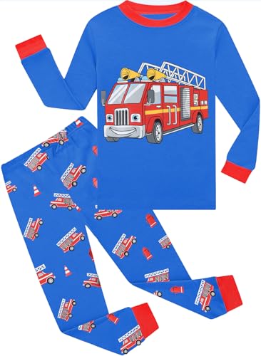 EULLA Kinder Jungen Schlafanzug Langarm Baumwolle Winter Pyjama Set Feuerwehrwagen Zweiteiliger Nachtwäsche 7 Jahre alt Größe 122 N-Blau Feuerwehrwagen DE 122 von EULLA
