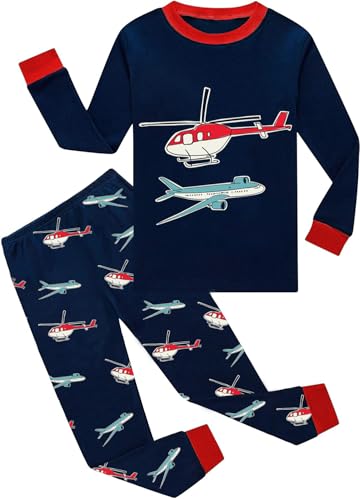 EULLA Kinder Jungen Schlafanzug Langarm Baumwolle Winter Pyjama Set Flugzeug Hubschrauber Zweiteiliger Nachtwäsche 4 Jahre alt Größe 104 J-Dunkelblau Flugzeug Hubschrauber DE 104 von EULLA