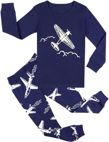 EULLA Kinder Jungen Schlafanzug Langarm Baumwolle Winter Pyjama Set Glow in The Dark Flugzeug Zweiteiliger Nachtwäsche 2 Jahre alt Größe 92 F-Dunkelblau Flugzeug DE 116 von EULLA