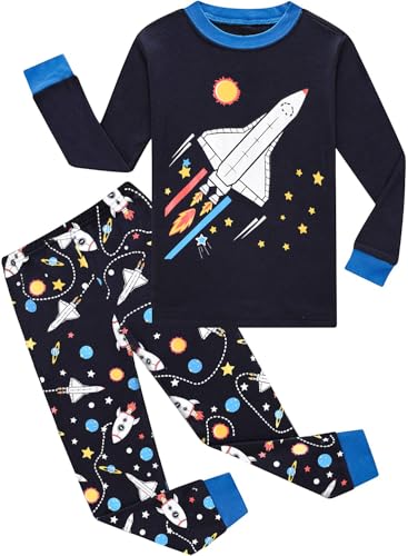 EULLA Kinder Jungen Schlafanzug Langarm Baumwolle Winter Pyjama Set Glow in The Dark Weltraum Planeten Zweiteiliger Nachtwäsche 4 Jahre alt Größe 104 L-Dunkelblau Weltraum Planeten DE 104 von EULLA
