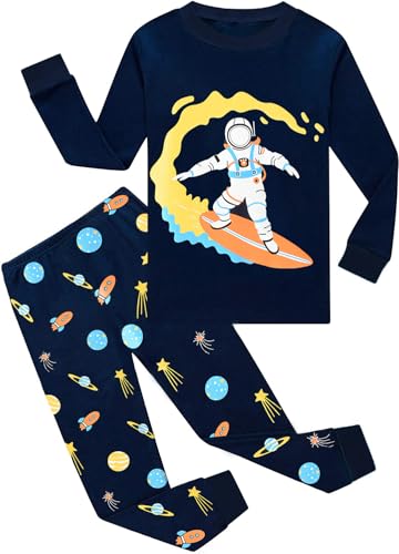 EULLA Kinder Jungen Schlafanzug Langarm Baumwolle Winter Pyjama Set Glow in The Dark Weltraum Planeten Zweiteiliger Nachtwäsche 5 Jahre alt Größe 110 B-Dunkelblau Weltraum Planeten DE 110 von EULLA