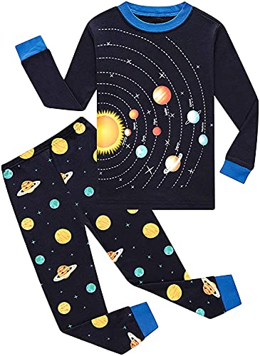 EULLA Kinder Jungen Schlafanzug Langarm Baumwolle Winter Pyjama Set Weltraum Planeten Zweiteiliger Nachtwäsche 4 Jahre alt Größe 104 G-Dunkelblau Weltraum Planeten DE 104 von EULLA