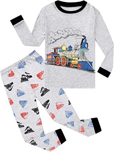 EULLA Kinder Jungen Schlafanzug Langarm Baumwolle Winter Pyjama Set Zug Zweiteiliger Nachtwäsche 3 Jahre alt Größe 98 F-Grau Zug DE 98 von EULLA